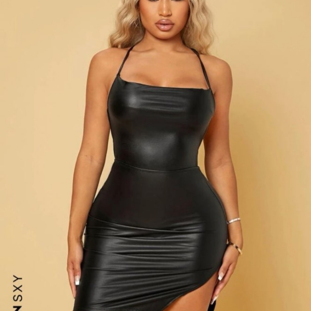 Crisscross Tied Backless Patent Split Hem Dress